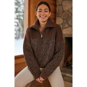 Varley Willard Half Zip Oversized Sweater X-Small Brown Chunky Knit Pullover